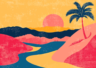 Abstract Tropical Oasis with Palm Tree Minimalist Art Illustration