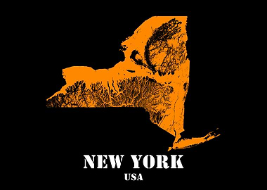 New York USA State Minimalist Black Orange Topographic Contour Relief Map featuring terrain in orange color