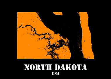 North Dakota USA State Minimalist Black Orange Topographic Contour Map featuring terrain in orange color