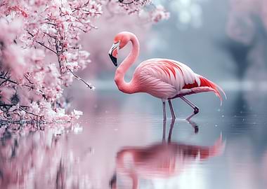 Flamingo in Water with Cherry Blossoms