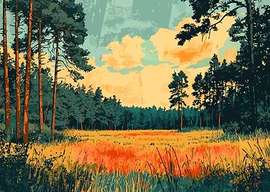 Serene Autumn Hays Forest Minimalist Illustration Art