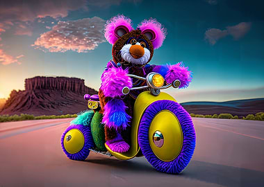 Furry Creature on a Colorful Motorcycle