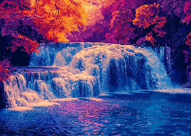 Autumn Forest Waterfall Landscape Minimalist Abstract Art Illustration