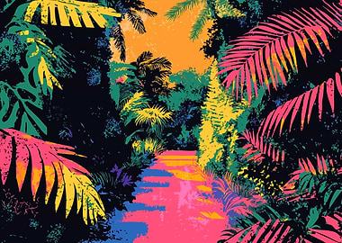 Tropical Jungle Evening Abstract Minimalist Art Illustration