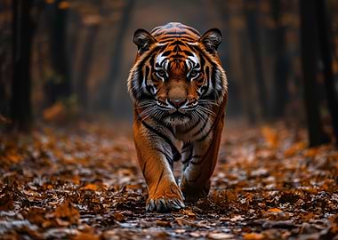 Tiger Walking Through Autumn Forest