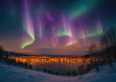 Aurora Borealis over a Snowy Landscape