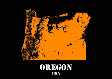 Oregon USA State Minimalist Black Orange Topographic Contour Relief Map featuring terrain in orange color