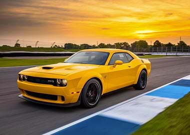 Yellow Dodge Challenger on Racetrack