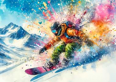 Snowboarder in Action with Colorful Splashes