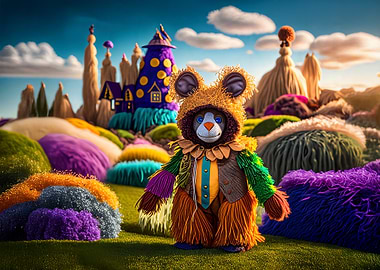 Whimsical Bear Character in Fantasy Landscape