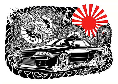 Black Car with Dragon and Rising Sun