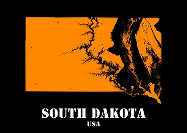 South Dakota USA State Minimalist Black Orange Topographic Contour Map featuring terrain in orange color