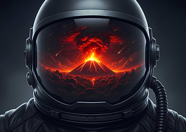 Astronaut Helmet Reflecting Volcanic Eruption