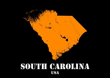 South Carolina USA State Minimalist Black Orange Topographic Contour Map featuring terrain in orange color