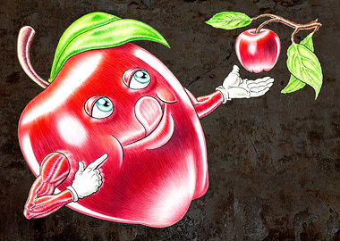 Cartoon Eat a Red Apple Character with Branch