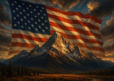 American Flag Over Mountain Landscape