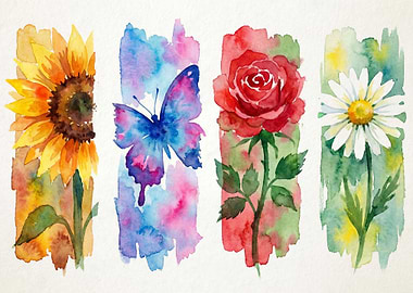 Watercolor Flowers and Butterfly