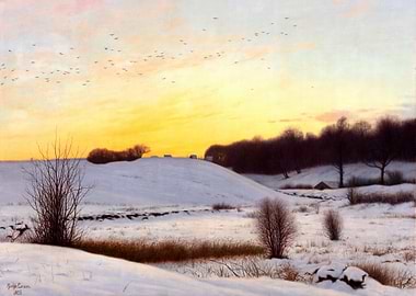 Snow landscape with a hill. Sunset by Adolph Larsen