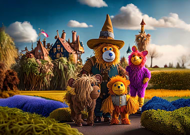 Whimsical Stuffed Animals in Fantasy Landscape