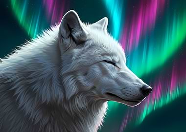 White Wolf with Aurora Borealis
