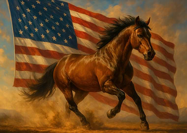 American Horse Galloping with Flag