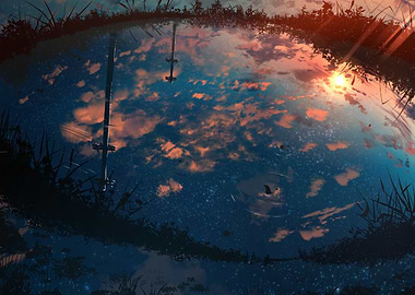 Pond Reflection of Sky and Sunset