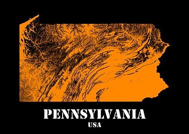 Pennsylvania USA State Minimalist Black Orange Topographic Contour Map featuring terrain in orange color
