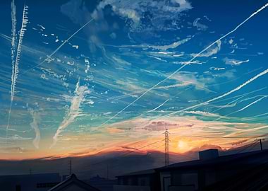 Anime Sky with Contrails at Sunset