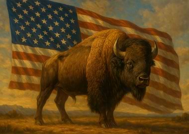 American Bison with US Flag Backdrop