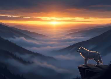 Wolf on Mountain Peak at Sunset