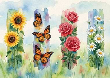 Watercolor Flowers and Butterflies