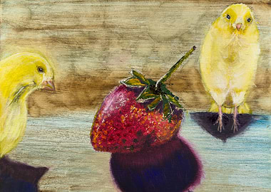 Canary Birds and Strawberry Still Life Painting