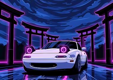 White Car with Neon Torii Gates