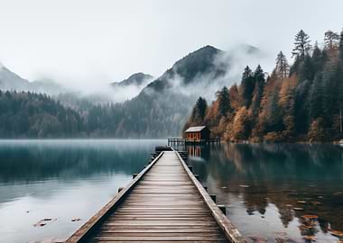 Lake with Dock and Cabin