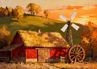 Rural Landscape with Barn and Windmill
