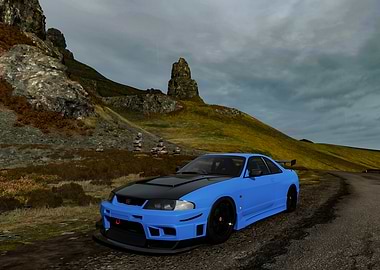Blue Nissan Skyline on Mountain Road