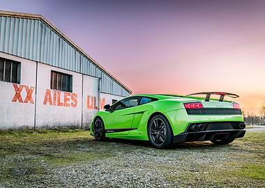 Green Lamborghini Gallardo superleggera near old building