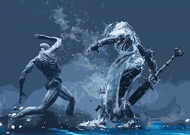 Fantasy Battle Scene in Blue Tones