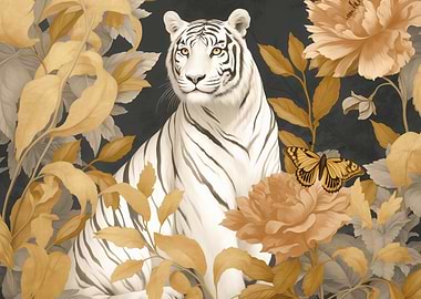 White Tiger in Golden Floral Garden