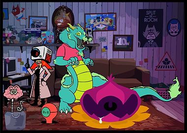 Cartoon Scene with Dragon and Characters