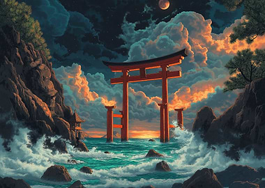 Japanese Torii Gate at Stormy Sea