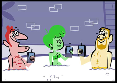 Cartoon characters in a hot tub