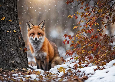 Fox in Autumn Snowfall Wildlife