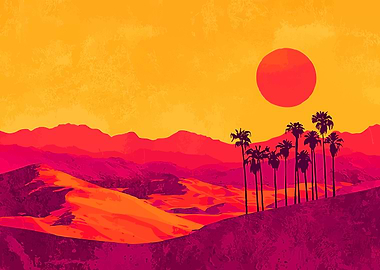 Desert Sunset Palm Trees Landscape Art Minimalist Illustration