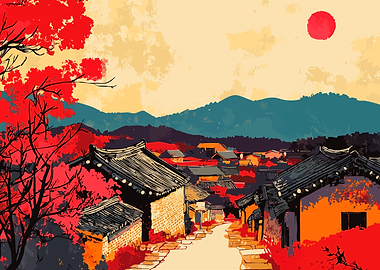 Korean Village Landscape Red Sunset Minimalist Abstract Art Illustration