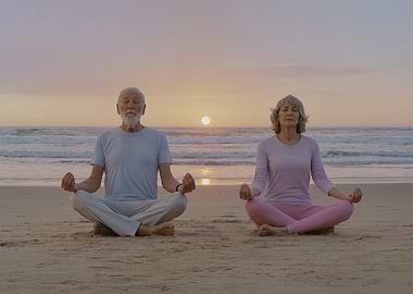 Elderly couple meditating on the beach