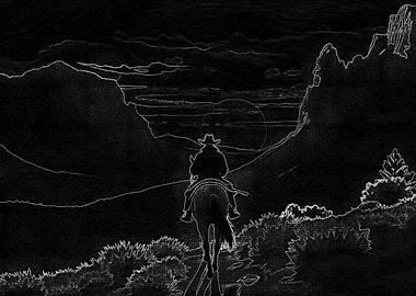 Cowboy on Horseback at Night