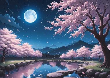 Cherry Blossoms Under Moonlight