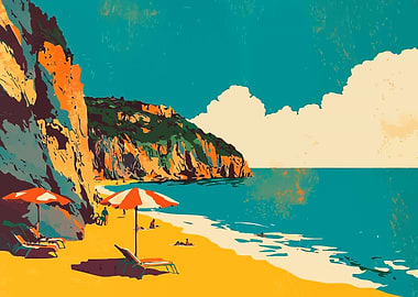 Mediterranean Beach Scene Minimalist Art Illustration