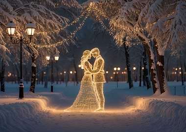 Winter Romance: Illuminated Couple in Snowy Park
